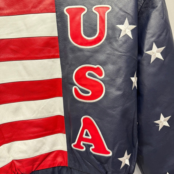Vintage Leather USA Bomber Jacket American Flag Patriotic Stars & Stripes Moto - Picture 5 of 15